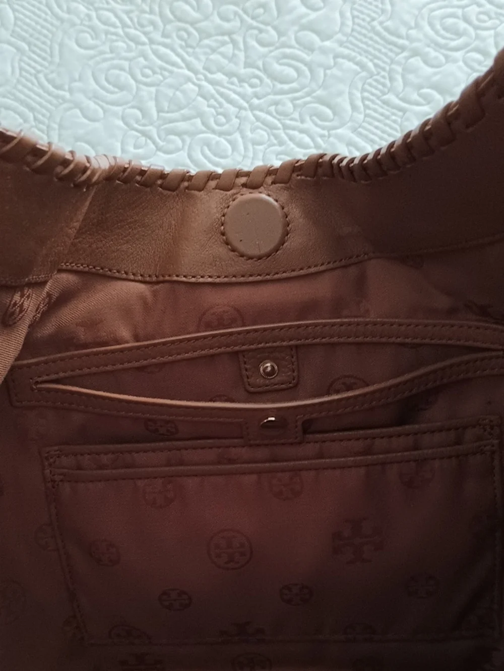 Tory Burch Marion Whipstitch Warm Cognac Leather Shoulder Logo Hobo